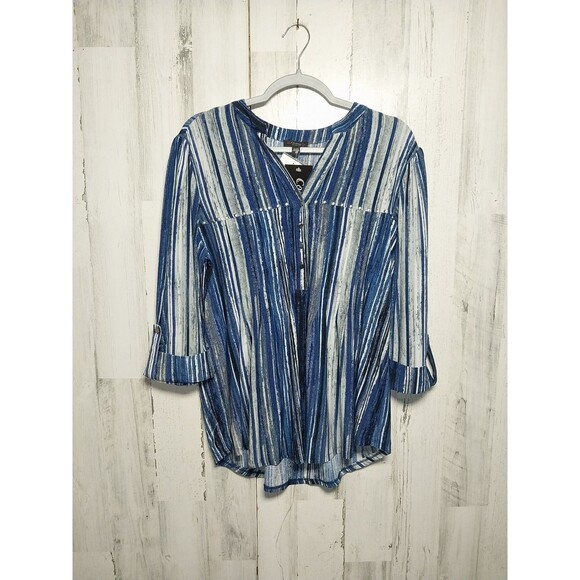 Cocomo Women's Striped Roll Tab Sleeve Pintuck Tunic Blouse Blue Plus Size 1X - Picture 1 of 9